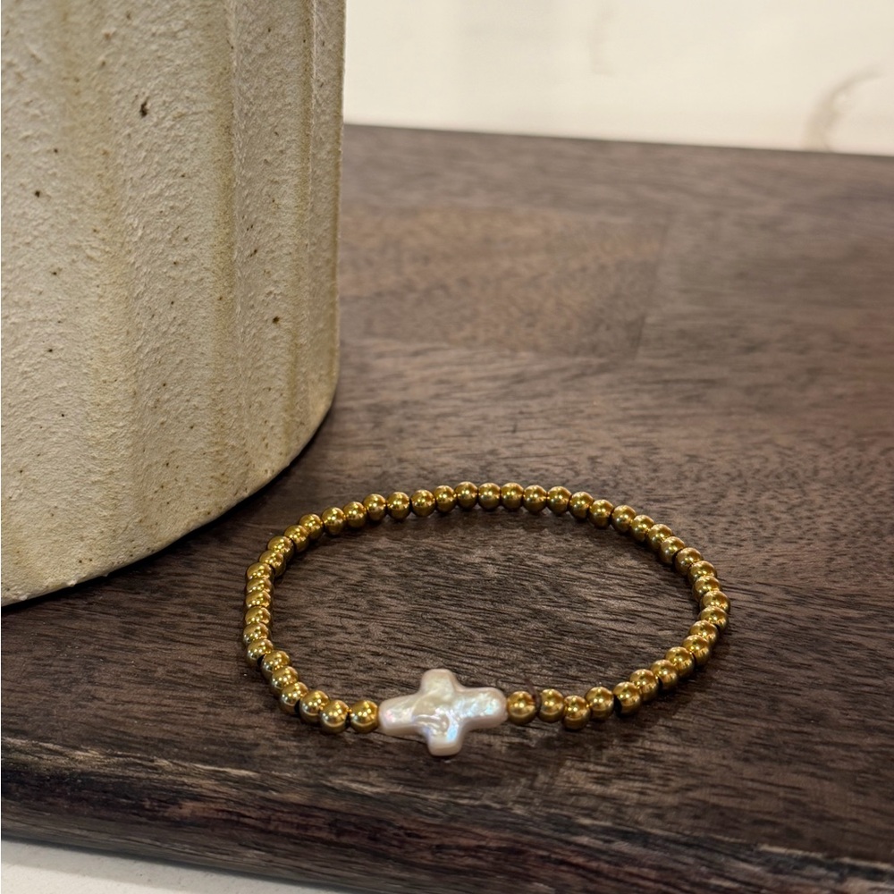 Gold Beaded Bracelet with Pearl Cross
